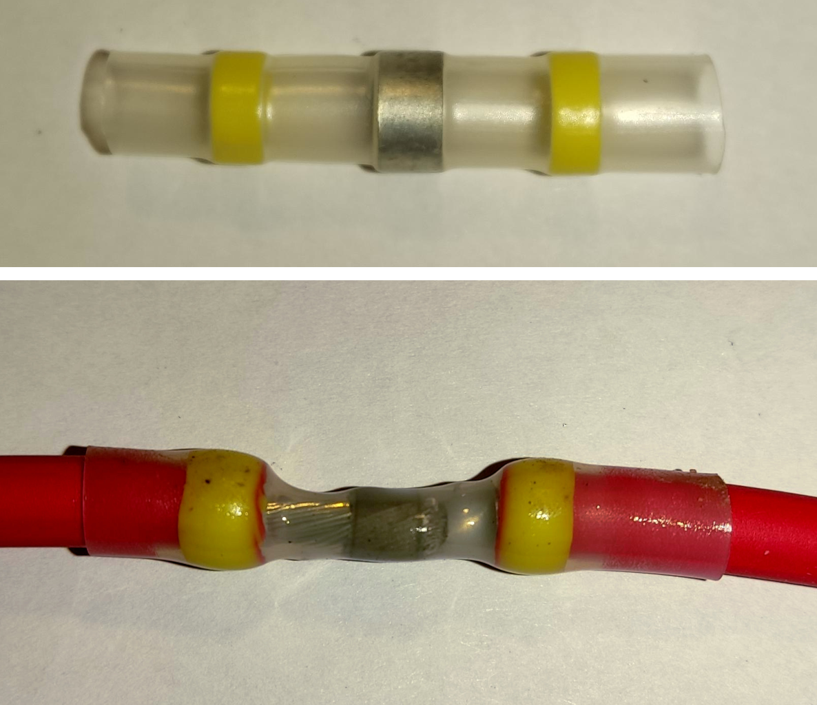 An unused butt-connector and an installed butt-connector.