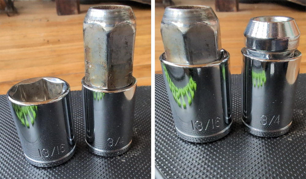 Original swollen lug nut fits 13/16" compared to replacement fitting 3/4"